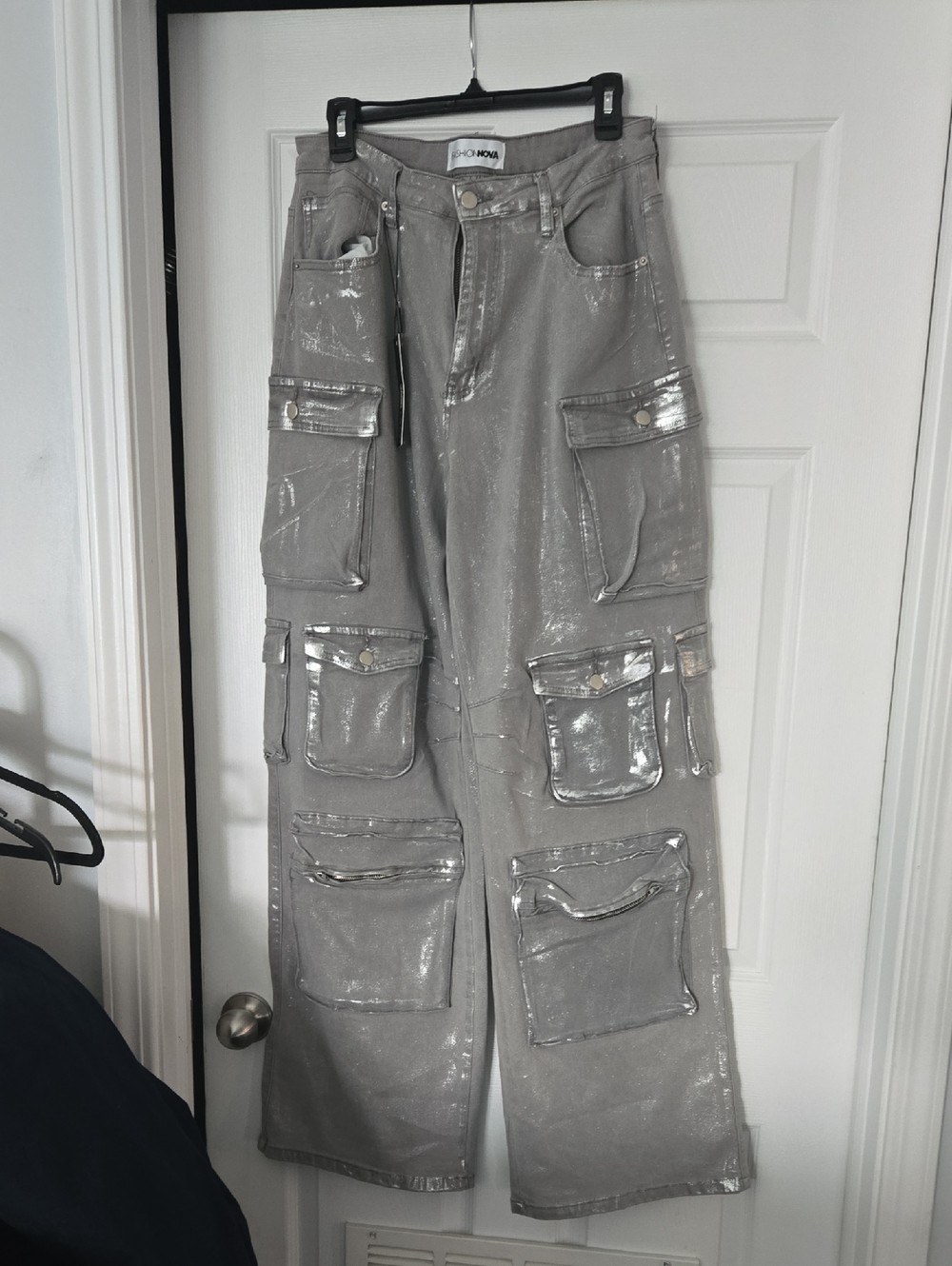 Fashion Nova Metallic Gray Cargo Pants